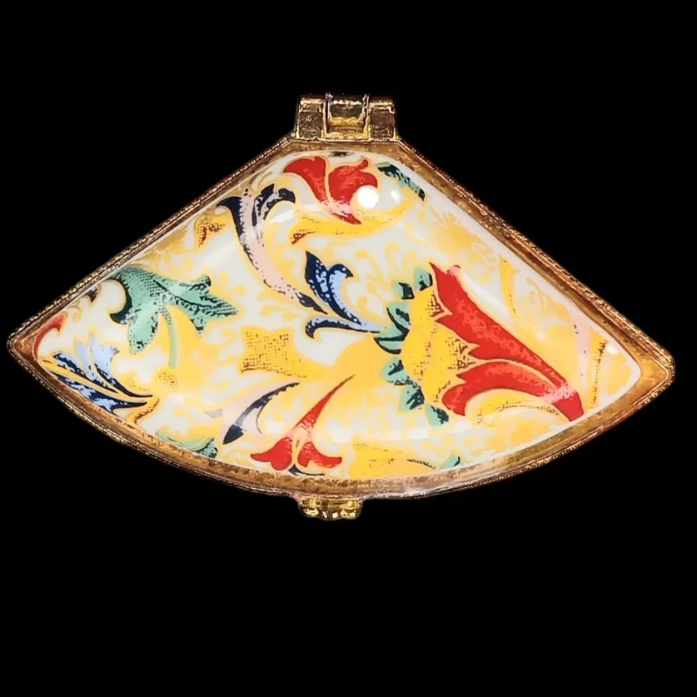 Porcelain Floral Paisley Hinged Ceramic Pill Box Trinket Box Red Yellow Gold